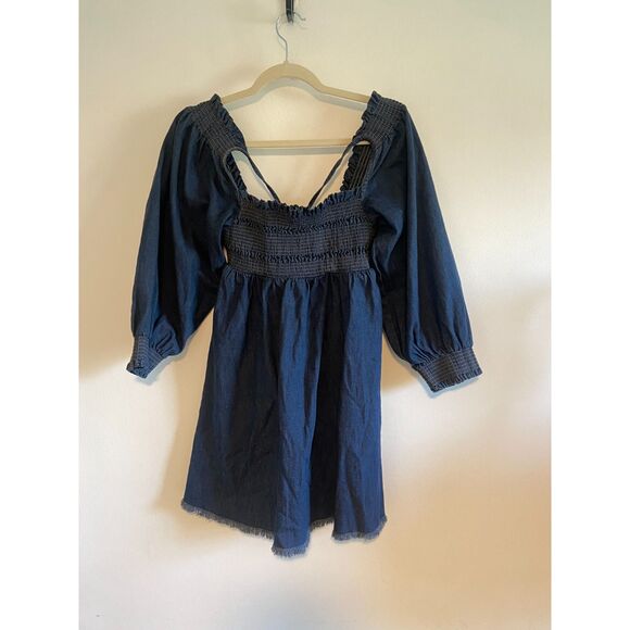 NWT Free People "This is Everything" baby doll Tie smocked Denim Mini Dress XS - Picture 3 of 9